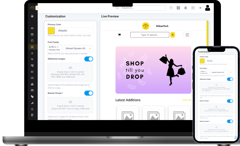 YellowPOS website builder interface for creating online stores and menus in Lebanon