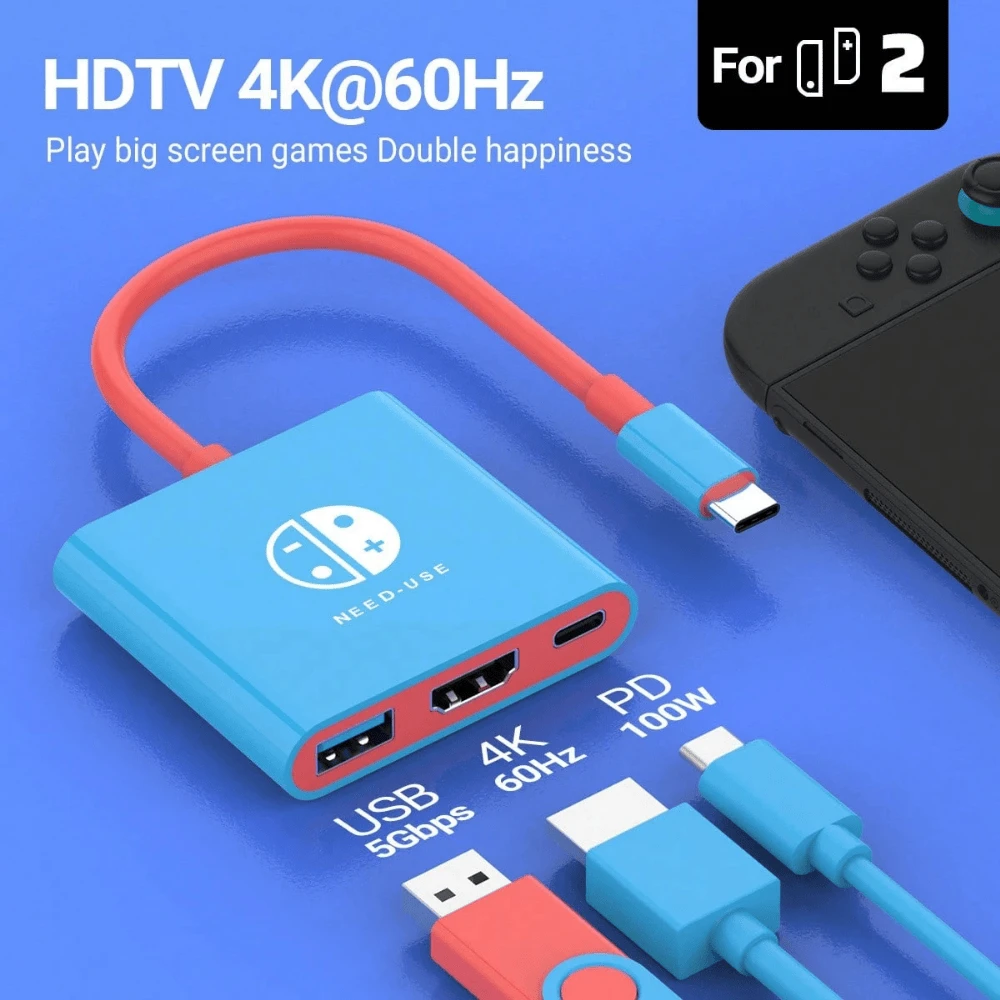 4K/60Hz Switch Dock 3-In-1 USB-C Hub Compatible - Nintendo Switch 2