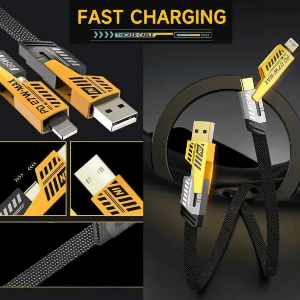Durable 4 In 1 - 2 To 2 Fast Charging Flat 65W/ 27W Data Cable - USB & Type C To Type C & Lightning - 2