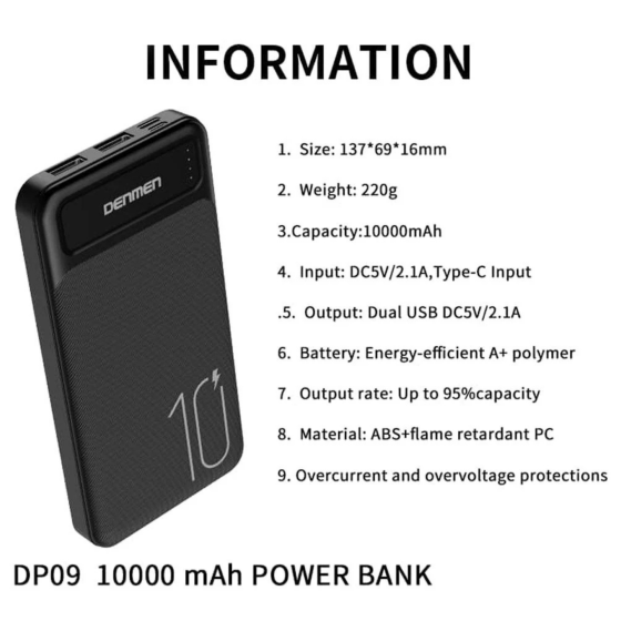 Denmen Power Bank DP09 2USB Black 2.1A 10000mAh - 2